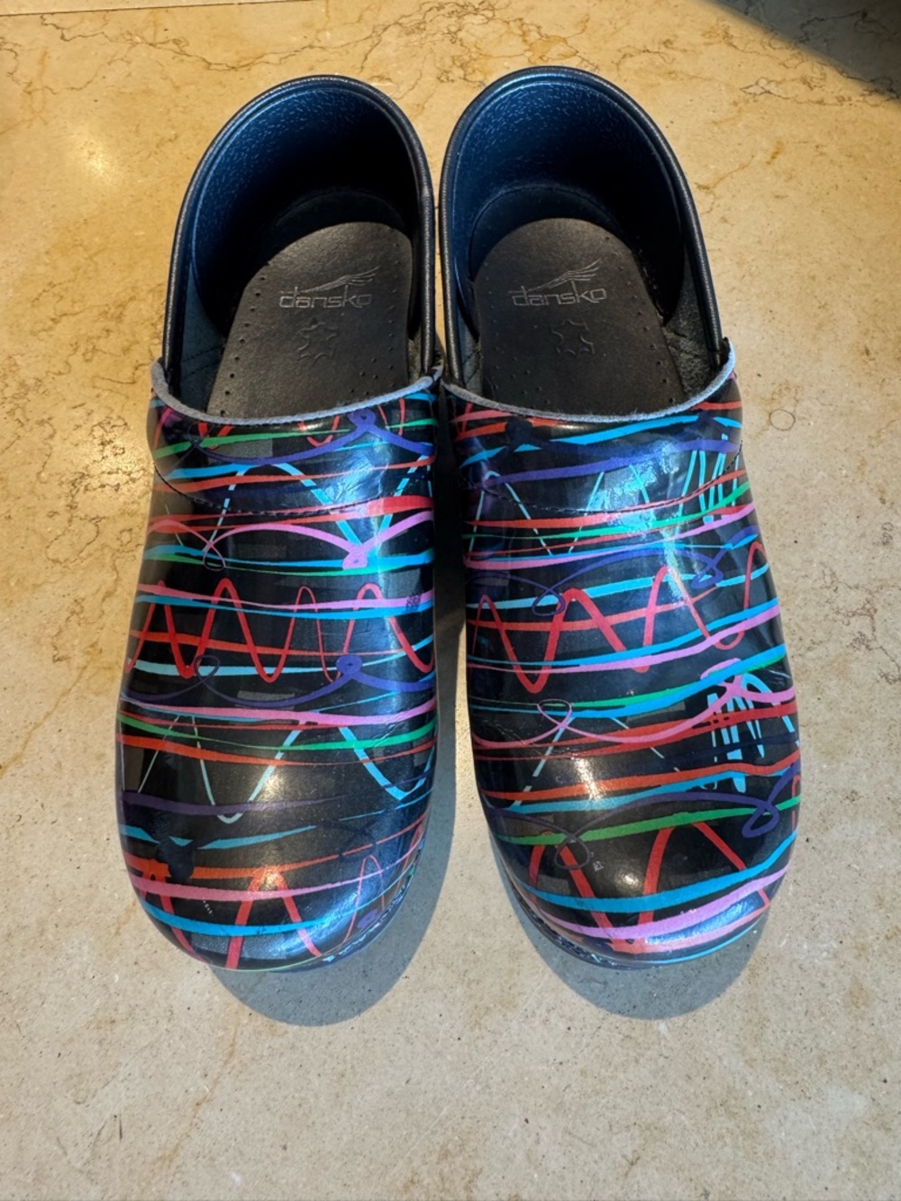Dansko Black Multi-Color Patterned Clogs